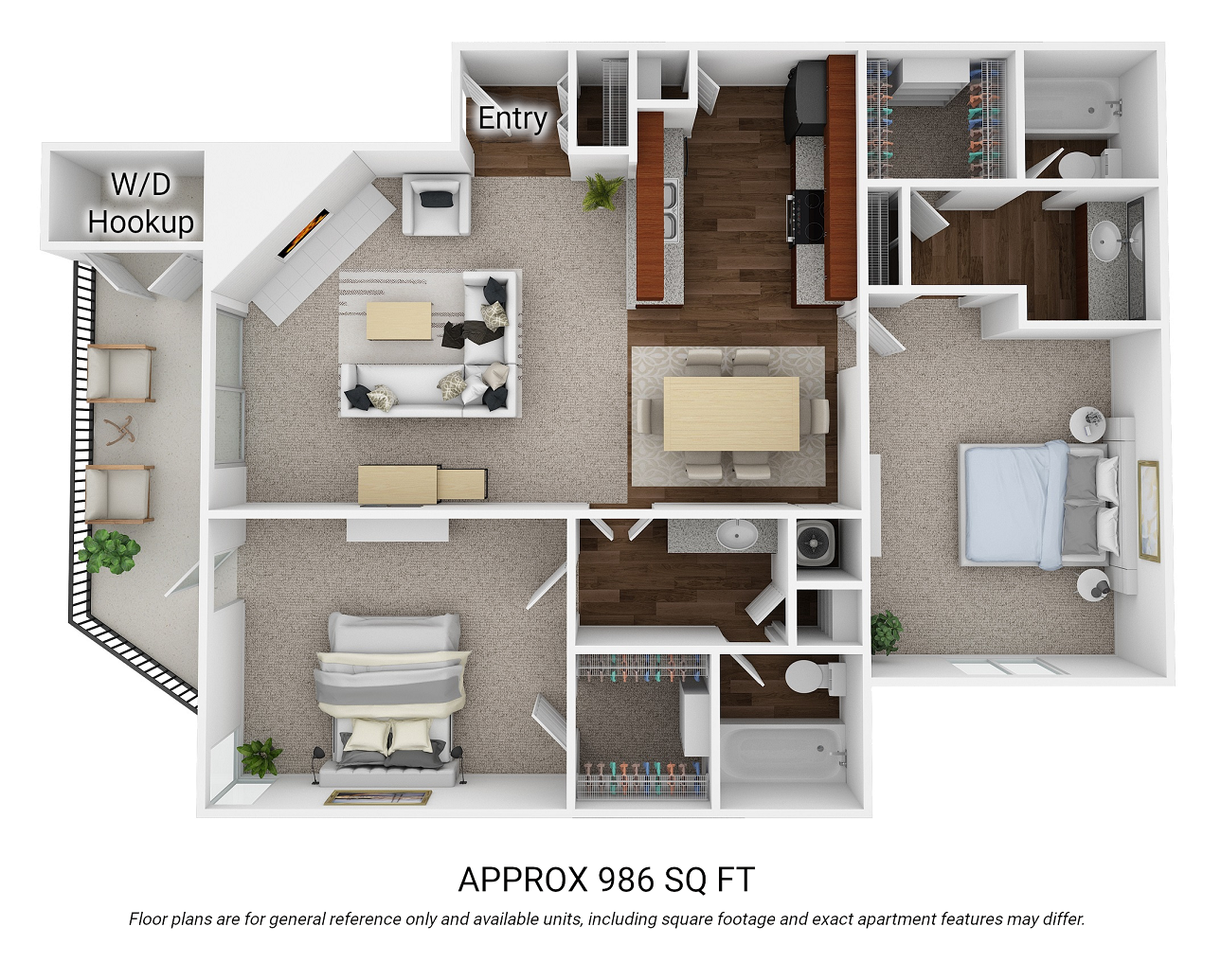 Floor plan for 2 beds, 2 baths, 986 sqft